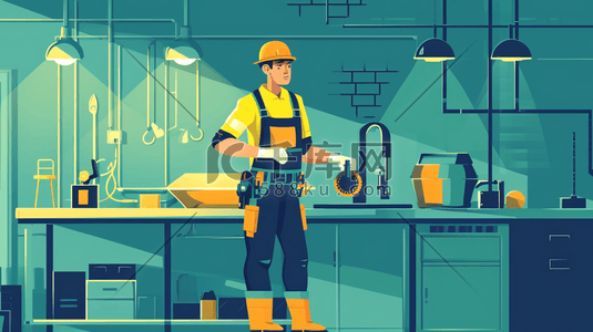安装工人插画图片_技术工人安装厨房工作插画20