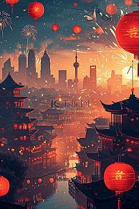 红灯笼手绘插画图片_灯笼古典小镇手绘插画新年海报