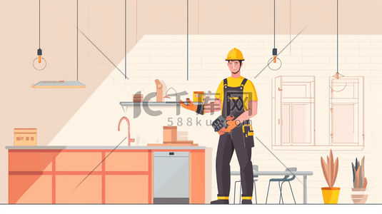 安装工人插画图片_技术工人安装厨房工作插画19