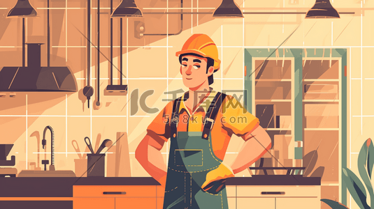 安装工人插画图片_技术工人安装厨房工作插画1