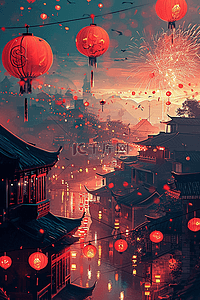 红灯笼手绘插画图片_灯笼古典小镇手绘插画海报新年