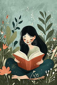 春天女孩看书花草植物插画手绘海报