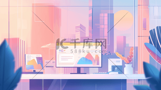 商务办公桌面场景插画图片_扁平化紫色办公室场景的插画8