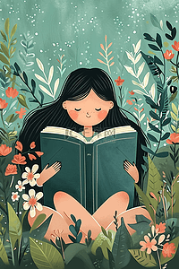 春天女孩花草植物看书手绘插画海报