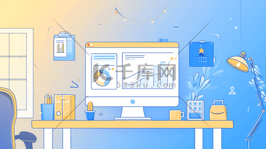 商务办公桌面场景插画图片_扁平化办公室电脑工作场景插画5
