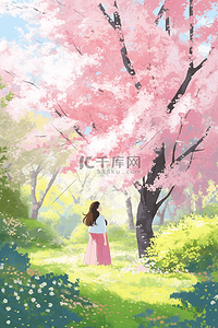 手绘春天樱花树赏樱花唯美海报图片