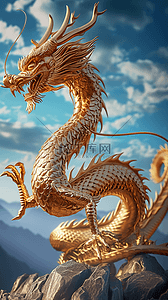 背景动态插画图片_龙年金色的龙天空立体海报插画