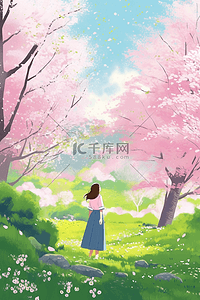 樱花树赏樱花春天唯美手绘海报原创插画