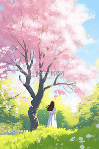 春天樱花树赏樱花唯美手绘海报插画图片
