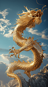 金色的龙天空立体龙年插画海报