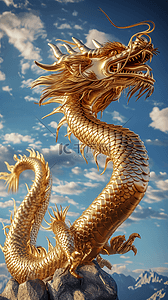 龙年金色的龙天空插画立体海报