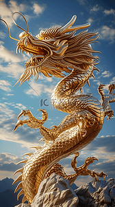 龙年金色的龙天空插画立体海报