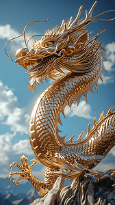 背景动态插画图片_金色的龙天空立体插画龙年海报