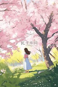 春天樱花树赏樱花手绘唯美海报插图