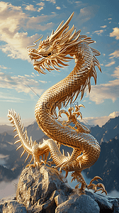 背景动态插画图片_龙年金色的龙海报天空立体插画