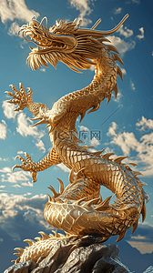 背景动态插画图片_龙年立体金色的龙天空插画海报