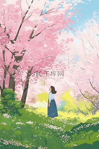 樱花树赏樱花唯美手绘春天海报插画图片