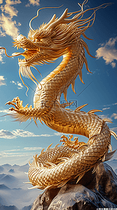 龙波龙插画图片_天空龙年金色的龙立体插画海报