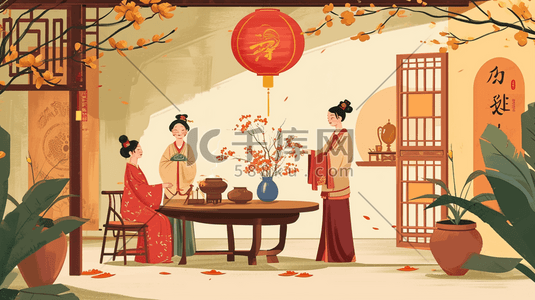 中国古代女子聚会聊天插画24
