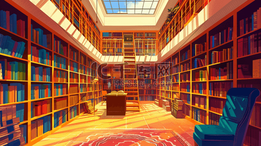 欧式建筑学校图书室书架文化底蕴的插画16