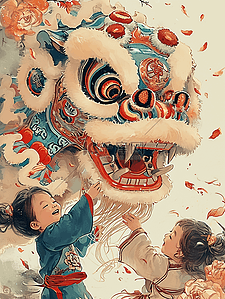 新年插画舞狮孩子庆祝手绘海报