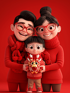 一家人拜年红色新年手绘3d插画