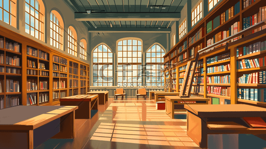 欧式建筑插画图片_欧式建筑学校图书室书架文化底蕴的插画9