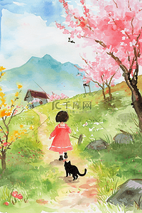 樱花树春天孩子宠物游玩手绘海报插画图片