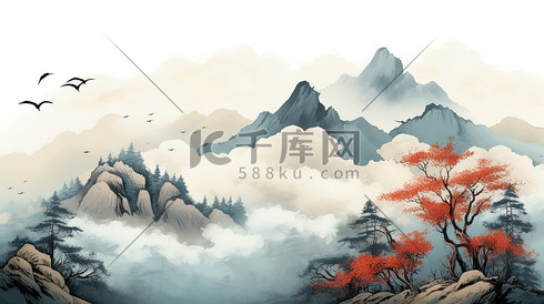 中国山水画唯美意境插画