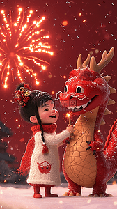 龙新年孩子烟花手绘3d海报插画海报