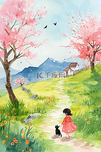 春天孩子宠物游玩樱花树手绘海报插画图片
