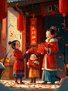 红色中国过年穿古装的孩童有红包的插画3