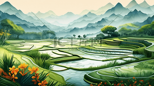 绿色简约中国风插画图片_稻田水彩绿色的插画中国风格
