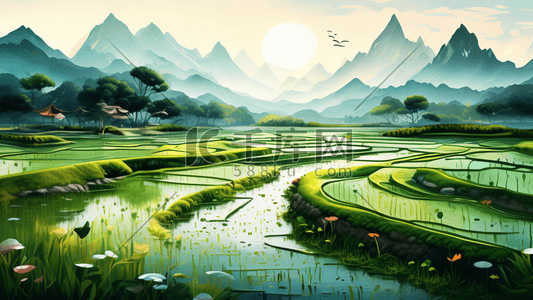 稻田水彩绿色的插画中国风格