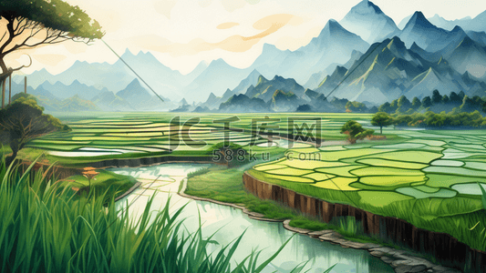 绿色简约中国风插画图片_稻田水彩绿色的插画中国风格