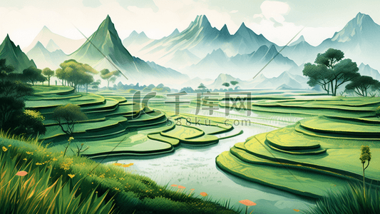 稻田水彩绿色的插画中国风格