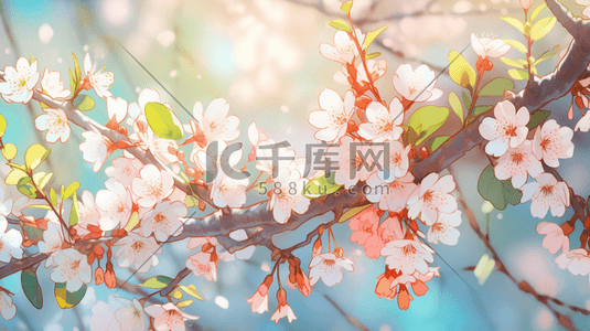 春季桃树开花的唯美清新插画3