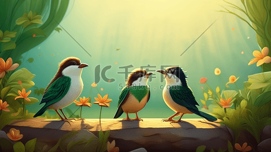 异想天开的美丽以鸟为主题浅绿色和深棕色插画素材