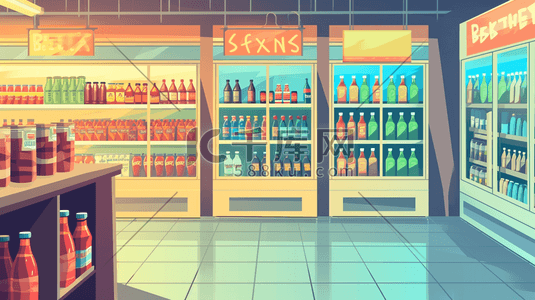 酒水超市插画图片_扁平化彩色超市便利店饮料区的插画3