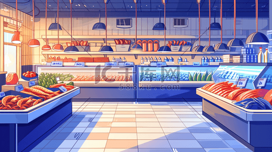 海鲜插画图片_超市生鲜区展柜海鲜的插画18