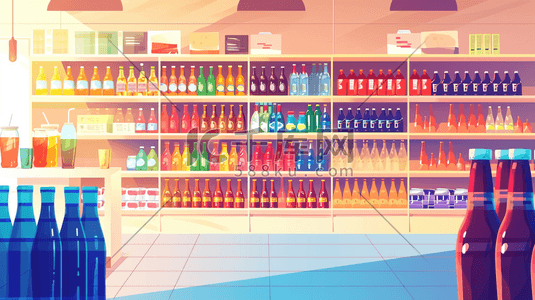 酒水超市插画图片_扁平化彩色超市便利店饮料区的插画2