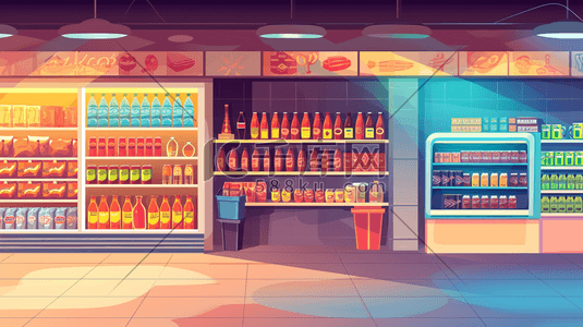扁平化彩色超市便利店饮料区的插画17
