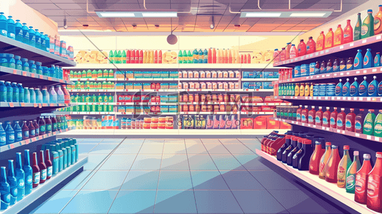 酒水超市插画图片_扁平化彩色超市便利店饮料区的插画20