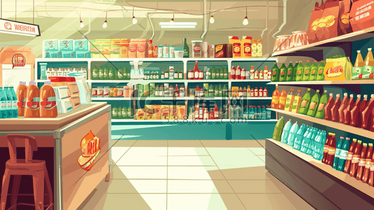 酒酒水饮料插画图片_扁平化彩色超市便利店饮料区的插画7