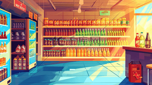 饮料.酒水插画图片_扁平化彩色超市便利店饮料区的插画4