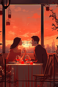 情侣海报餐厅吃饭约会夕阳手绘插画