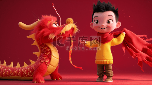 3D立体质感中国龙年孩童过年的背景4插画海报
