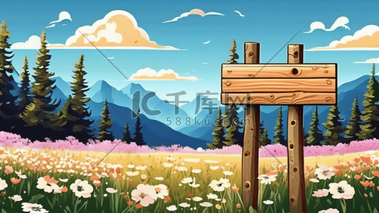 木制插画图片_木制标志在一个领域与开花卡通风景插图