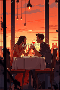 情侣餐厅吃饭夕阳约会手绘海报插画海报