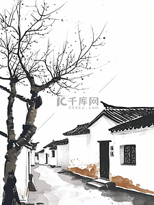黑白手绘插画图片_手绘黑白江南房屋建筑的插画5